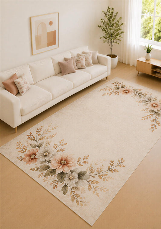 ICE ARMOR "Ultra Lightweight Large 6'7" x 9'10" Ivory and Apricot Cottage Bouquet Area Rug for Living Room, Bedroom and Home Office, Soft Low Pile Carpet with Non-Slip Silicone Backing