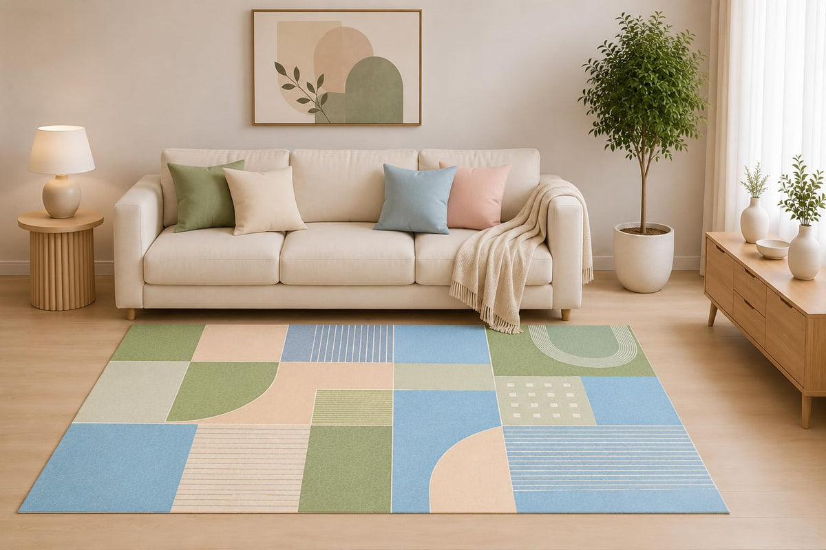 ICE ARMOR 5' x 7' Pastel Patchwork Area Rug, Blue Sage Green Geometric Block Design for Living Room Bedroom Office, Non-Slip Silicone Backing, Low Pile Carpet