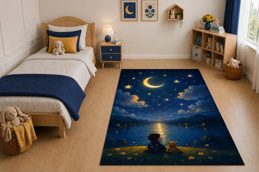 ICE ARMOR "Ultra Light Weight 5' x 7' Moon Child Bear Area Rug for Living Room, Bedroom and Home Office, Soft Low Pile Carpet with Non-Slip Silicone Backing, Navy and Golden Color