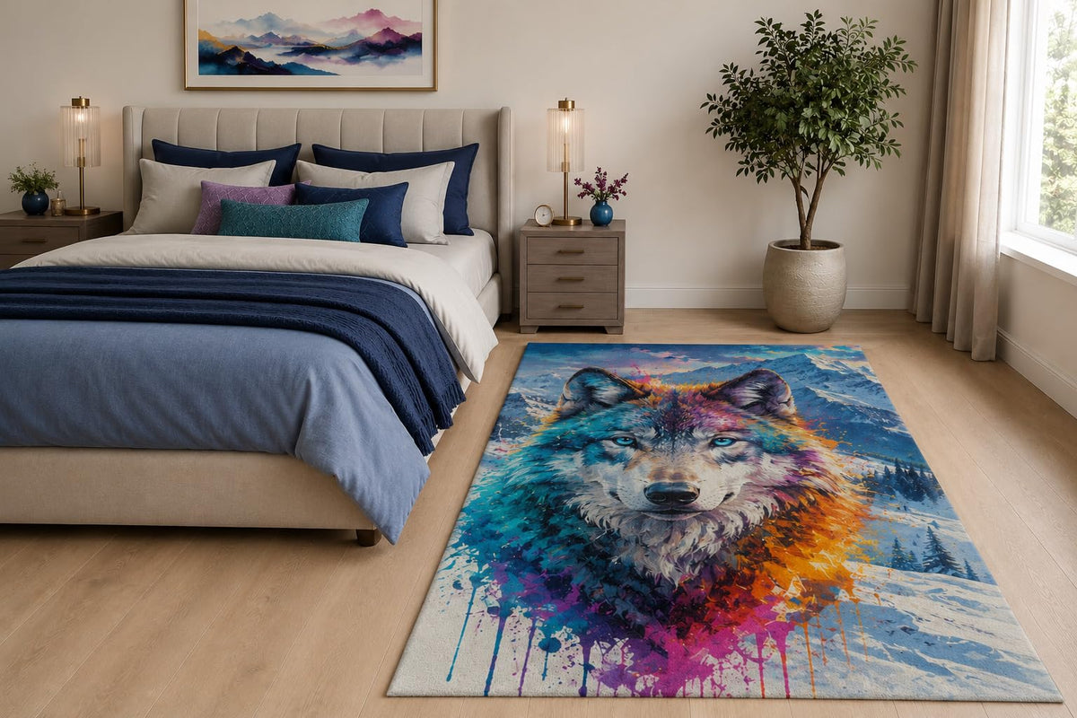 ICE ARMOR "Ultra Light Weight 5' x 7' Mountain Wolf Art Area Rug for Living Room, Bedroom and Home Office, Soft Low Pile Carpet with Non-Slip Silicone Backing, Blue and Purple