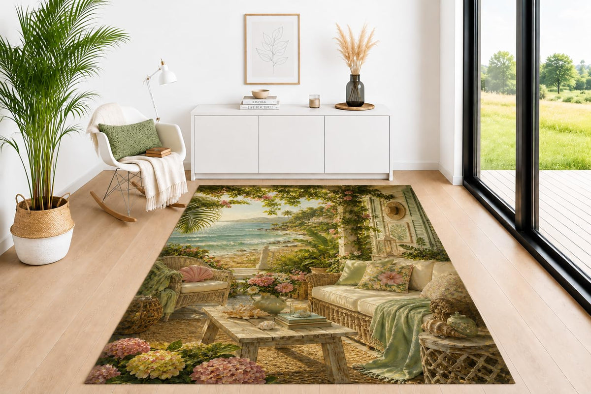 ICE ARMOR 5' x 7' Coastal Patio Scene Area Rug, Soft Low Pile Indoor Carpet with Non-Slip Silicone Backing for Living Room, Bedroom, Dining Space, Office, Kids & Pets, Green