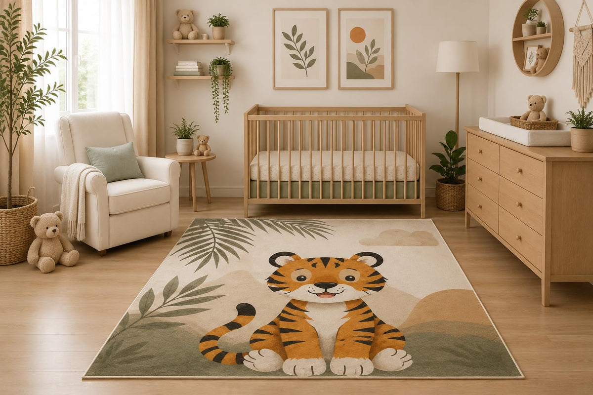 ICE ARMOR 5' x 7' Cute Tiger Area Rug, Jungle Safari Animal Nursery Kids Bedroom Playroom Decor, Non-Slip Silicone Backing Low Pile Indoor Carpet
