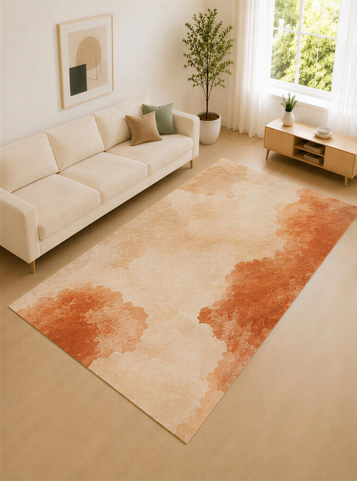 ICE ARMOR Large 6'7" x 9'10" Coral Peach and Ivory Abstract Bloom Area Rug for Living Room, Soft Low Pile Carpet with Non-Slip Silicone Backing, Decor for Bedroom and Home Office
