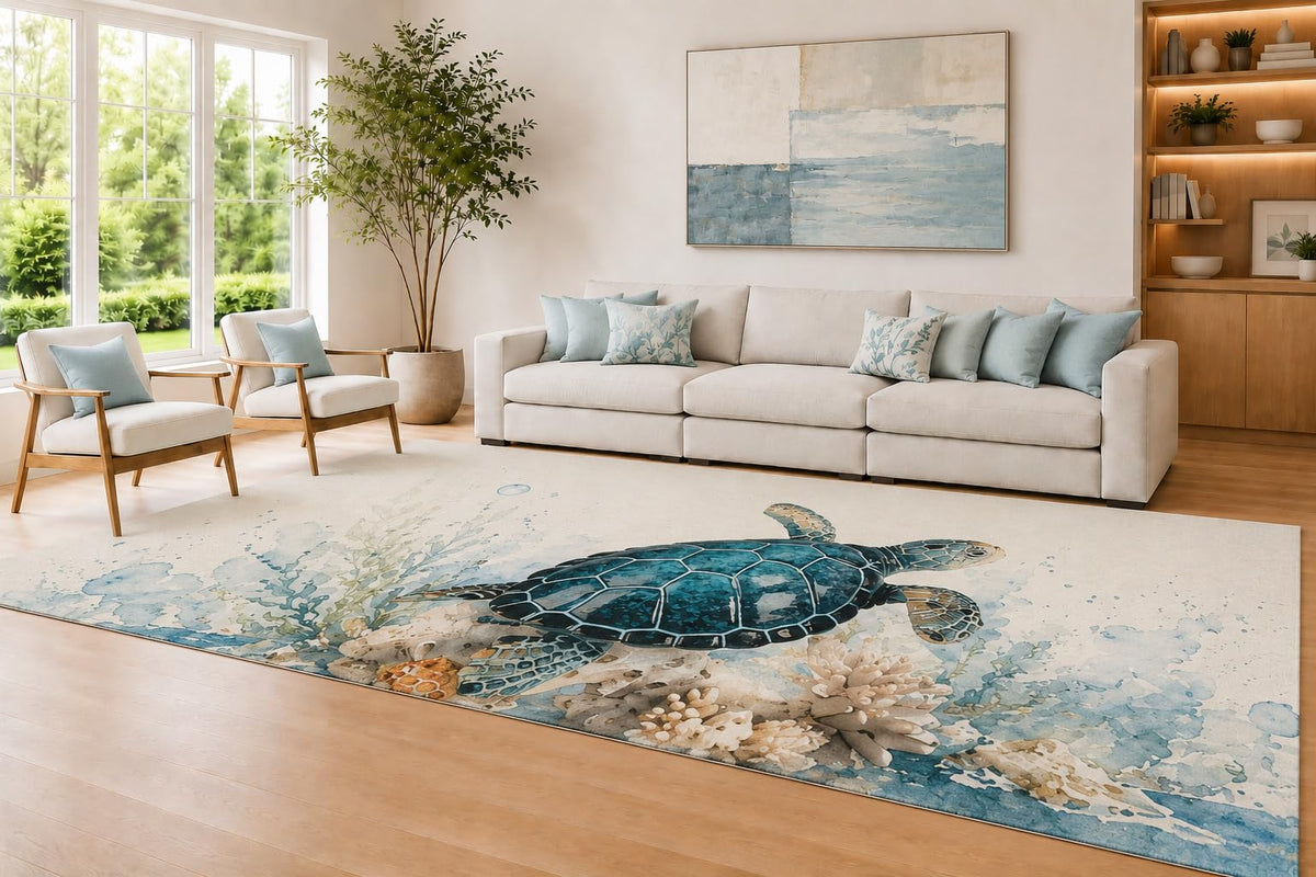 ICE ARMOR Large 6'7" x 9'10" Ivory and Blue Sea Turtle Area Rug for Living Room, Soft Low Pile Carpet with Non-Slip Silicone Backing, Decor for Bedroom and Home Office