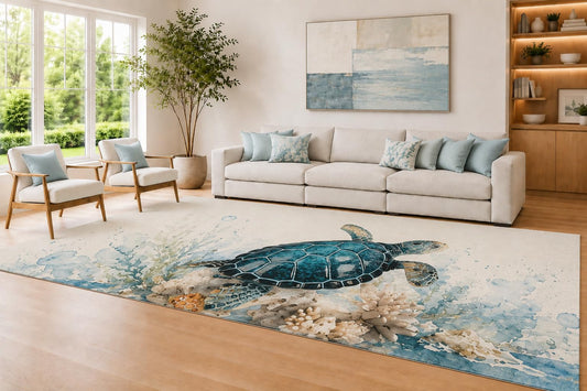 ICE ARMOR Large 6'7" x 9'10" Ivory and Blue Sea Turtle Area Rug for Living Room, Soft Low Pile Carpet with Non-Slip Silicone Backing, Decor for Bedroom and Home Office