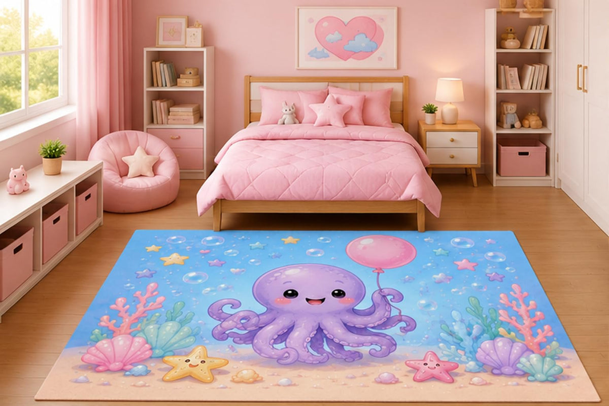 ICE ARMOR 5' x 7' Cute Purple Octopus with Balloon Area Rug for Girls Bedroom Nursery Playroom Scandinavian Minimalist Ocean Animal Coastal Decor Non-Slip Silicone Backing Low Pile