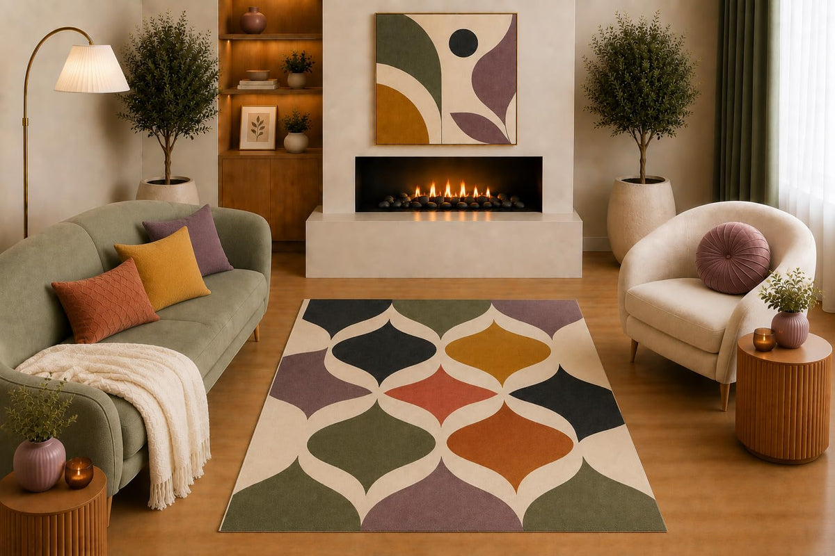 ICE ARMOR "Ultra Light Weight 5' x 7' Mid Century Modern Area Rug Olive Mustard Mauve Terracotta Geometric Petal Pattern for Living Room Bedroom Dining Room Non-Slip Silicone Backing Low Pile