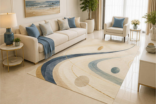 ICE ARMOR 5' x 7' Mid Century Modern Area Rug, Blue Beige Geometric Abstract Design for Living Room Bedroom Office, Non-Slip Silicone Backing, Low Pile Carpet