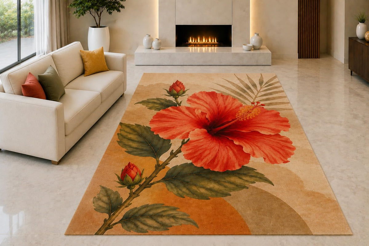 ICE ARMOR "Ultra Light Weight 5' x 7' Tropical Hibiscus Bloom Area Rug for Living Room, Bedroom and Home Office, Soft Low Pile Carpet with Non-Slip Silicone Backing, Red and Beige