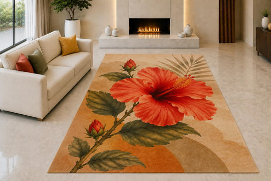 ICE ARMOR "Ultra Light Weight 5' x 7' Tropical Hibiscus Bloom Area Rug for Living Room, Bedroom and Home Office, Soft Low Pile Carpet with Non-Slip Silicone Backing, Red and Beige