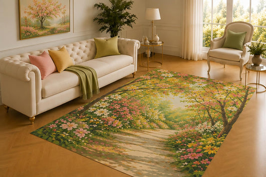 ICE ARMOR 5' x 7' Spring Woodland Path Rug, Sunlit Trail Framed by Colorful Wildflowers and Blossoming Trees, Peaceful Decor for Living Room, Bedroom or Entryway