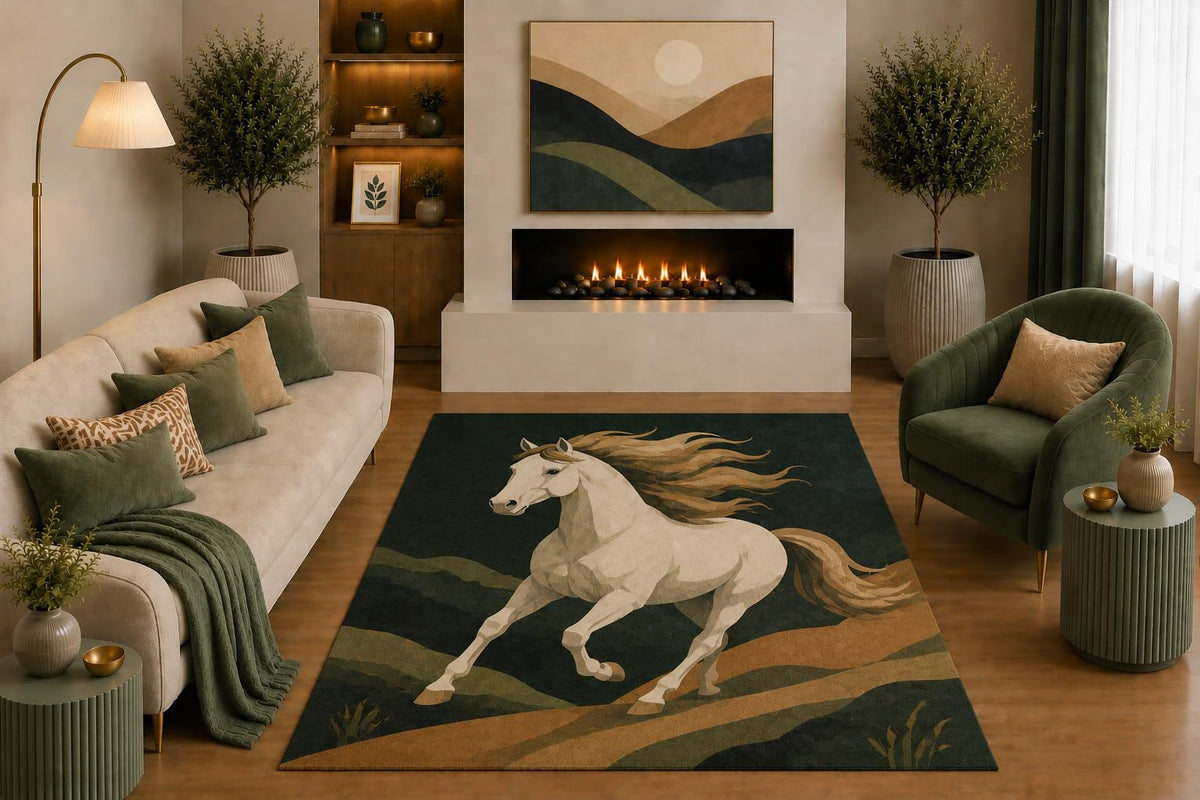 ICE ARMOR "Ultra Light Weight 5' x 7' Running White Horse Area Rug Modern Equestrian Nature Art for Living Room Bedroom Office Farmhouse Decor Non-Slip Silicone Backing Low Pile