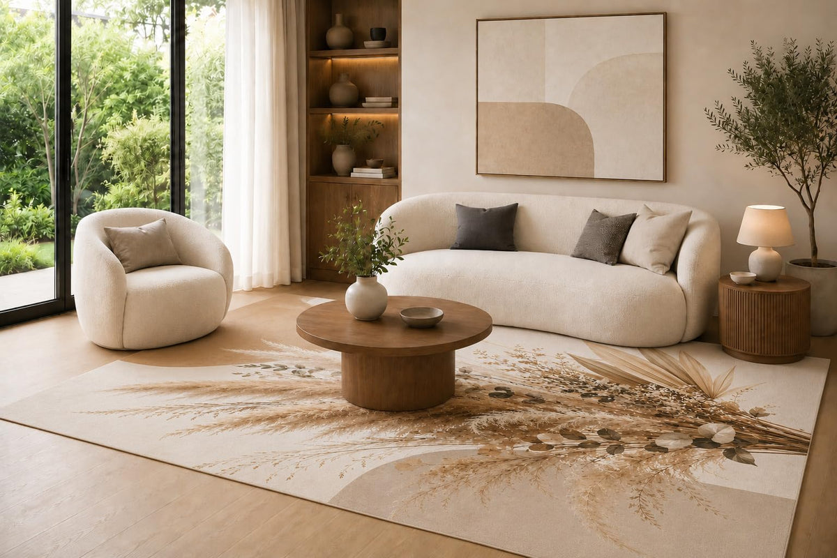 ICE ARMOR 6'7" x 9'10" Sand, Cream and Pale Brown Boho Dried Floral Area Rug for Living Room, Soft Low Pile Carpet with Non-Slip Backing for Bedroom, Dining Room and Home Office
