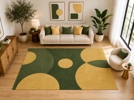 ICE ARMOR Large 6'7" x 9'10" Abstract Overlapping Circle Area Rug for for Bedroom, Living Room, Soft Low Pile Indoor Rug with Non-Slip Silicone Backing, Olive Green Mustard