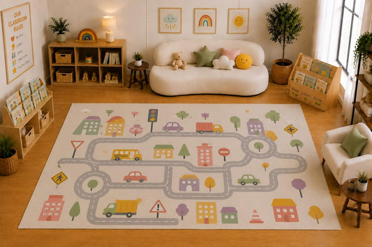 ICE ARMOR Large 6'7" x 9'10" City Road Traffic Play Area Rug for Kids Room, Classroom, Bedroom, Playroom Decor, Soft Low Pile Indoor Rug with Non-Slip Silicone Backing, Cream Multicolor