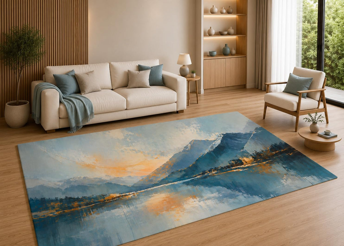 ICE ARMOR 5' x 7' Blue Mountain Lake Landscape Area Rug with Non-Slip Silicone Backing Low Pile Soft Carpet for Living Room Bedroom Office Modern Nature Decor