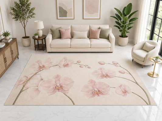 ICE ARMOR "Ultra Light Weight Large 6'7" x 9'10" Pink Orchid Floral Rug, Soft Low Pile Indoor Rug, Non-Slip Silicone Backing for Living Room Pink