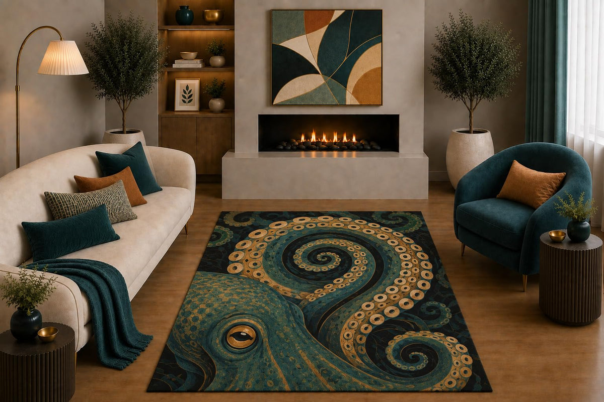 ICE ARMOR "Ultra Light Weight 5' x 7' Teal Gold Octopus Area Rug Vintage Nautical Ocean Sea Life Art for Living Room Bedroom Office Non-Slip Silicone Backing Low Pile