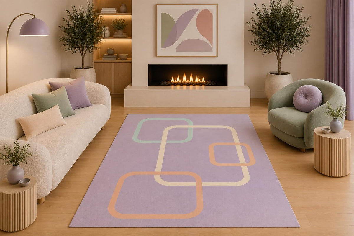 ICE ARMOR 5' x 7' Pastel Lavender Geometric Area Rug Mid Century Modern Peach Cream Sage Interlocking Squares for Living Room Bedroom Non-Slip Silicone Backing Low Pile