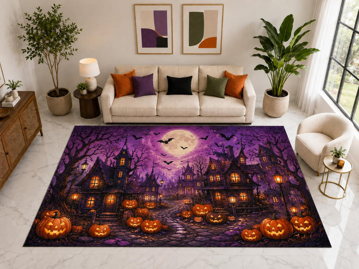 ICE ARMOR "Ultra Light Weight Large 6'7" x 9'10" Haunted Pumpkin Village Rug, Soft Low Pile Indoor Rug, Non-Slip Silicone Backing for Bedroom Purple