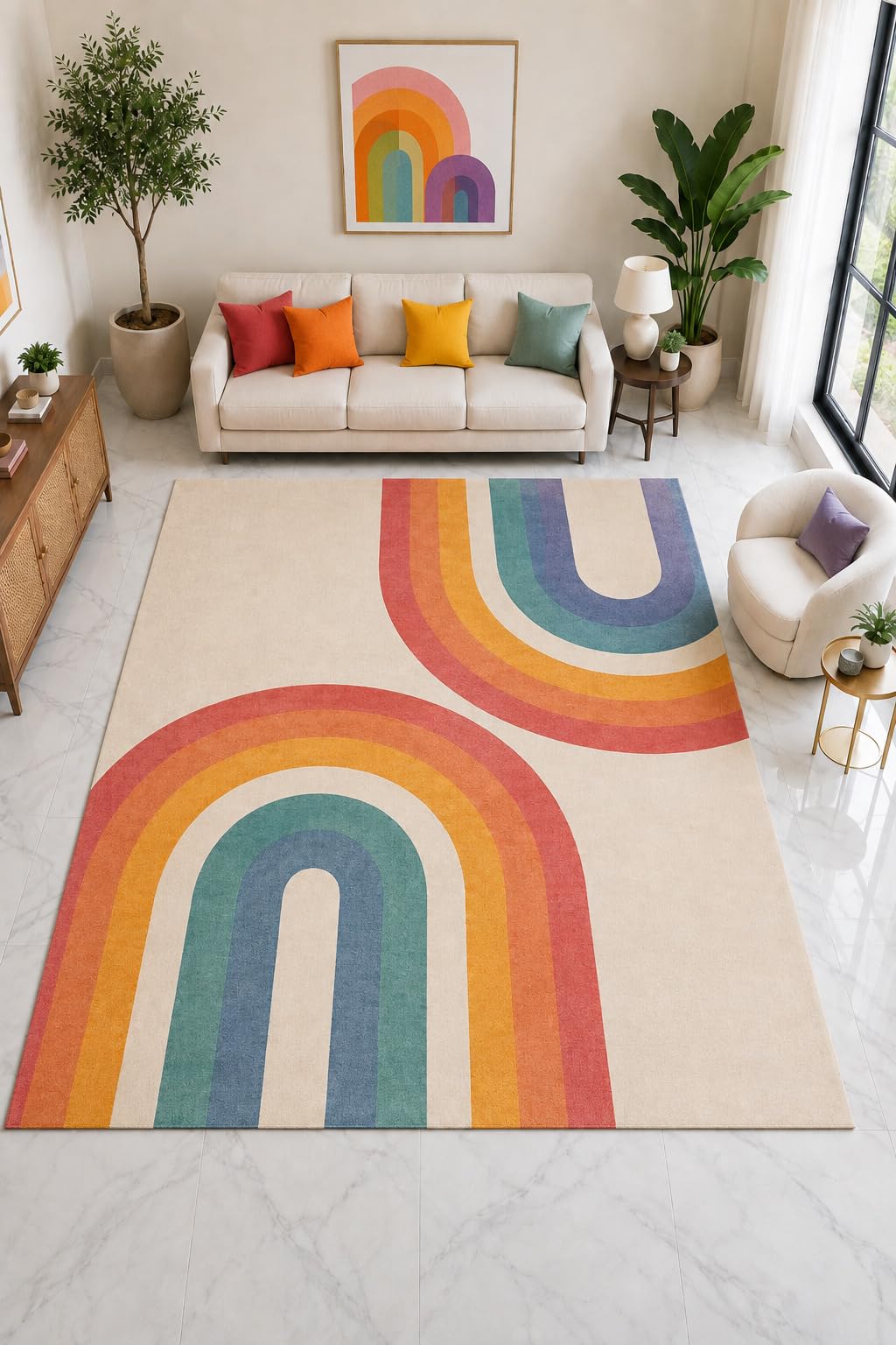 ICE ARMOR "Ultra Light Weight Large 6'7" x 9'10" Retro Rainbow Arch Rug, Soft Low Pile Indoor Rug, Non-Slip Silicone Backing for Playroom Cream