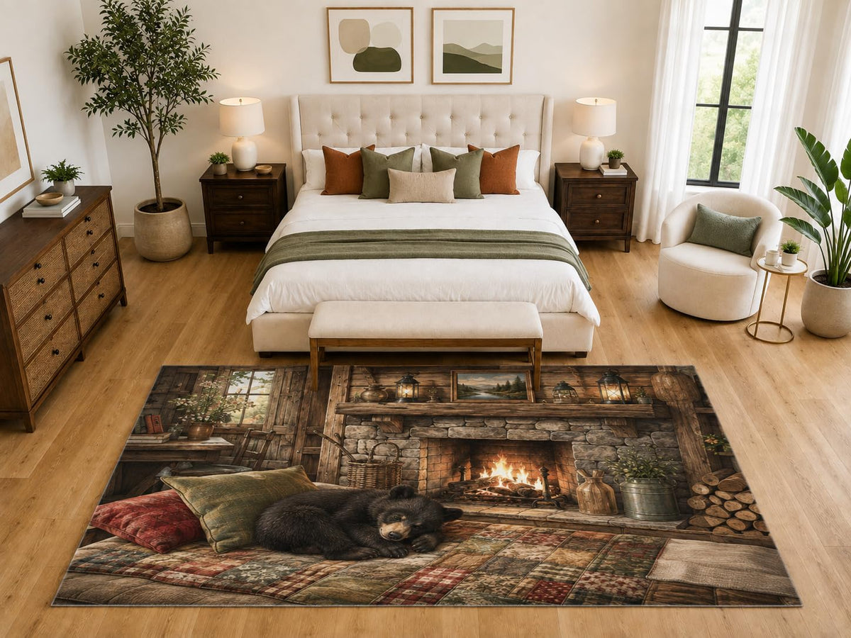 ICE ARMOR "Ultra Light Weight Large 6'7" x 9'10" Sleeping Bear Cabin Area Rug, Soft Low Pile Indoor Rug, Non-Slip Silicone Backing, Bedroom, Brown