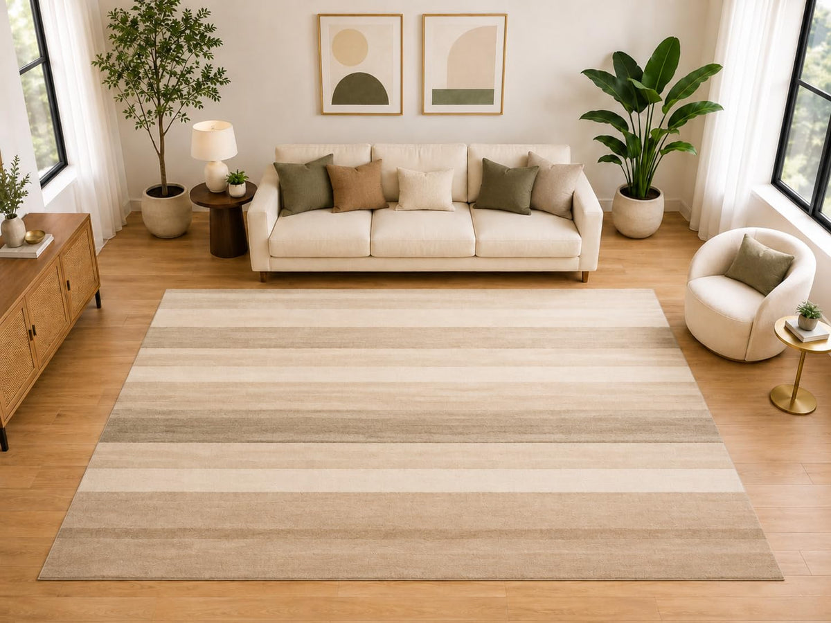 ICE ARMOR "Ultra Light Weight Large 6'7" x 9'10" Modern Stripe Area Rug for Living Room Dining Room, Soft Low Pile Indoor Rug, Non-Slip Silicone Backing, Beige