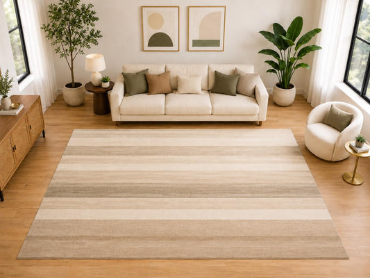 ICE ARMOR "Ultra Light Weight Large 6'7" x 9'10" Modern Stripe Area Rug for Living Room Dining Room, Soft Low Pile Indoor Rug, Non-Slip Silicone Backing, Beige