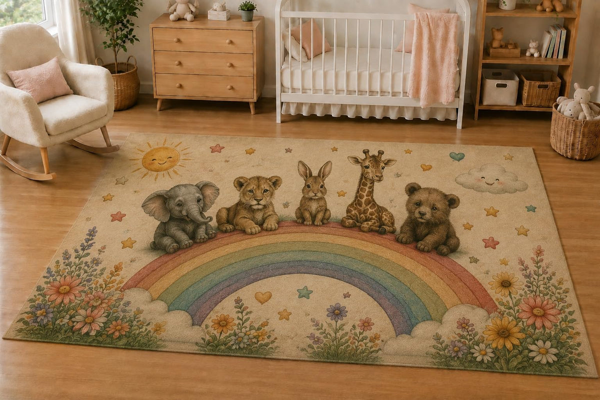 ICE ARMOR 5' x 7' Baby Safari Animals Rainbow Area Rug, Soft Low Pile Indoor Rug with Non-Slip Silicone Backing, Nursery, Kids Room, Playroom, Kids & Pets, Beige Pastel