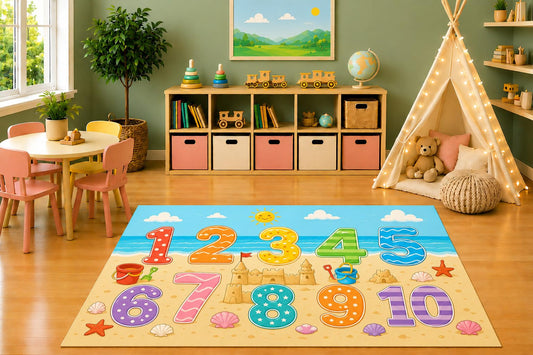 ICE ARMOR 5' x 7' Beach Numbers Learning Area Rug, Educational Counting Numbers Sandcastle Seashells Ocean Kids Playroom Classroom Bedroom Decor, Non-Slip Silicone Backing Low Pile