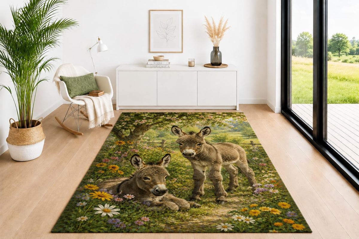 ICE ARMOR 5' x 7' Baby Donkey Meadow Area Rug, Soft Low Pile Non-Slip Indoor Carpet with Farm Animal Floral Design for Living Room, Bedroom, Office, Dining Room