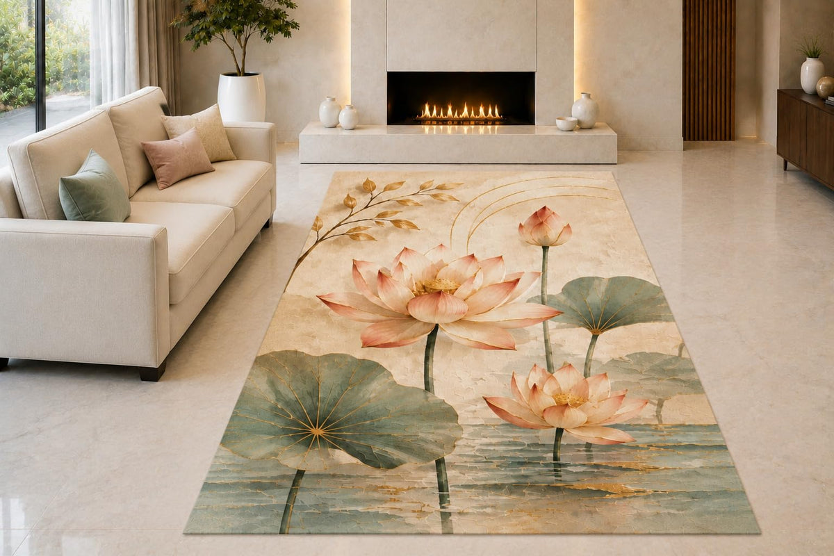 ICE ARMOR "Ultra Light Weight 5' x 7' Lotus Pond Blossoms Area Rug for Living Room, Bedroom and Home Office, Soft Low Pile Carpet with Non-Slip Silicone Backing, Pink and Green