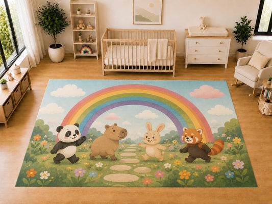 ICE ARMOR "Ultra Light Weight Large 6'7 x 9'10 Rainbow Meadow Animals Area Rug for Kids Room Nursery Playroom Soft Low Pile Indoor Carpet Colorful Nature Floor Decor