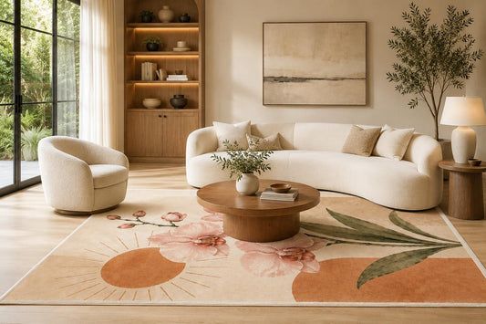 ICE ARMOR 6'7" x 9'10" Cream Blush and Sage Orchid Area Rug with Peach Flowers Sun Motif and Modern Color Blocks, Soft Low Pile Non-Slip Indoor Carpet for Living Room and Bedroom