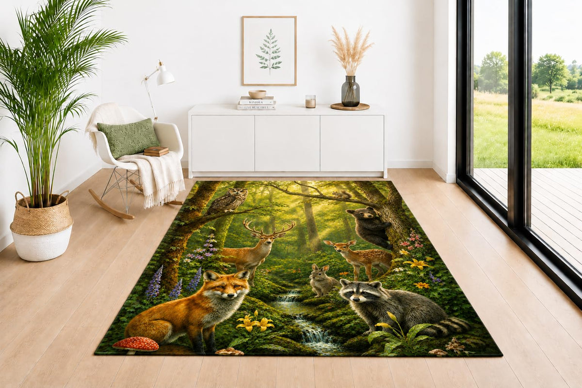ICE ARMOR 5' x 7' Woodland Animal Gathering Area Rug, Soft Low Pile Indoor Carpet with Non-Slip Silicone Backing for Living Room, Bedroom, Dining Space, Office, Kids & Pets, Green