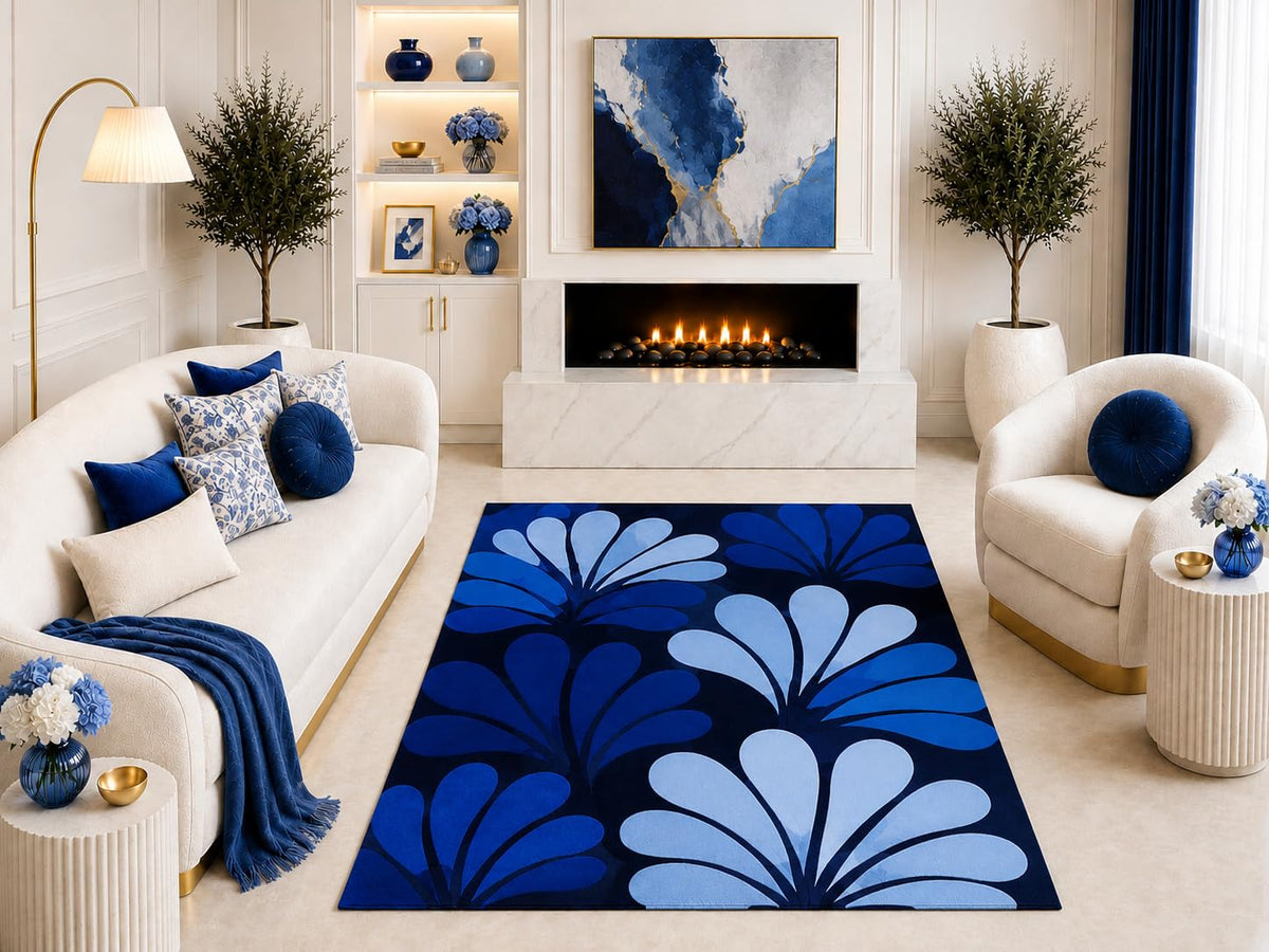 ICE ARMOR "Ultra Light Weight 5' x 7' Navy Royal Blue Floral Area Rug, Modern Geometric Flower Pattern for Living Room Bedroom Dining Room Office, Non-Slip Silicone Backing Low Pile