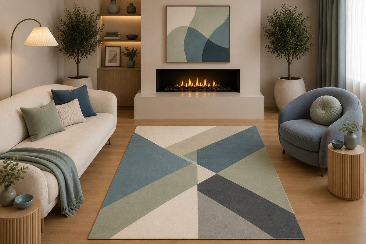 ICE ARMOR 5' x 7' Modern Geometric Area Rug Abstract Blue Sage Gray Beige Triangle Design for Living Room Bedroom Dining Room Office Non-Slip Silicone Backing Low Pile