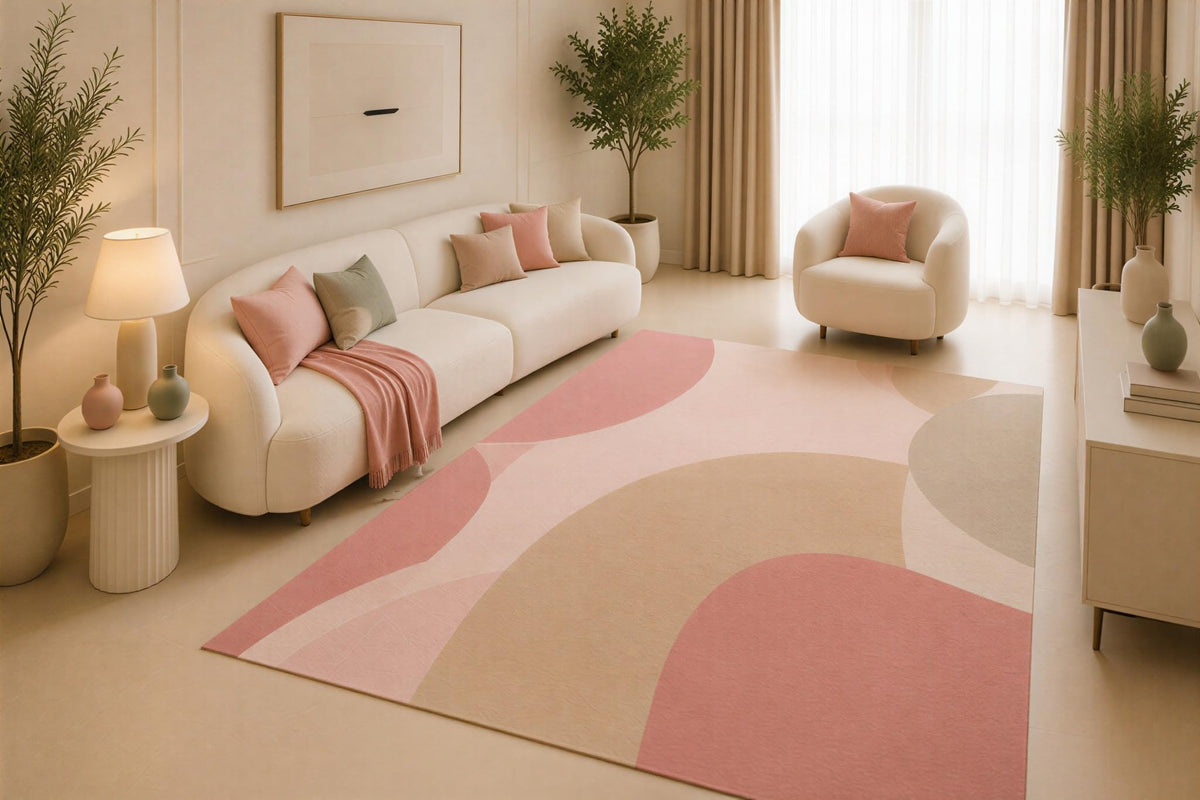 ICE ARMOR 5' x 7' Modern Abstract Area Rug, Blush Pink Beige Organic Curved Shape Design for Living Room Bedroom Office, Non-Slip Silicone Backing, Low Pile Carpet