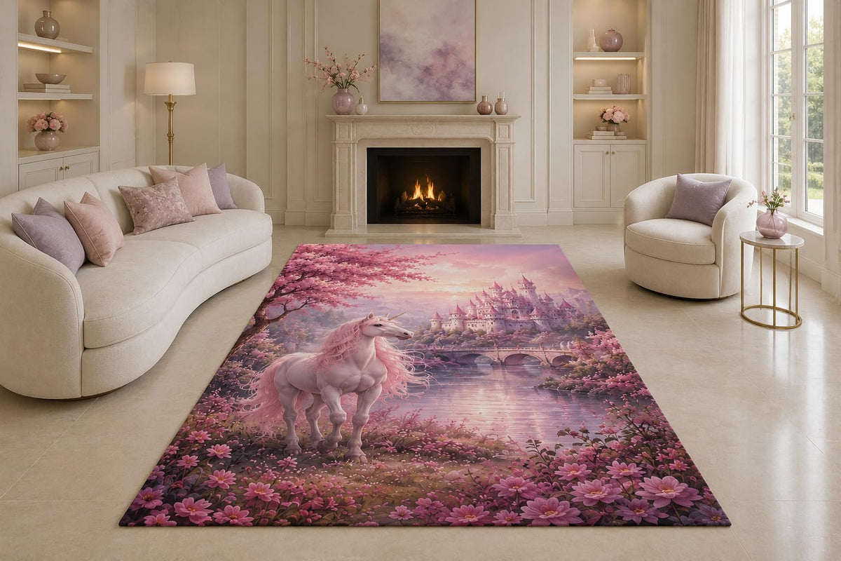 ICE ARMOR "Ultra Lightweight Large 6'7" x 9'10" Pink Horse Castle Area Rug for Living Room, Bedroom and Home Office, Soft Low Pile Carpet with Non-Slip Silicone Backing, Pink and Purple