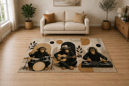 ICE ARMOR "Ultra Light Weight 5' x 7' Chimpanzee Music Band Area Rug for Living Room, Bedroom and Home Office, Soft Low Pile Carpet with Non-Slip Silicone Backing, Brown and Beige