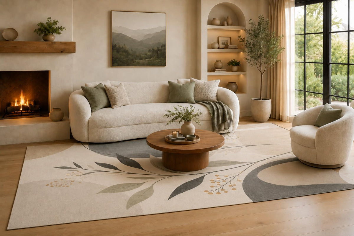 ICE ARMOR 6'7" x 9'10" Ivory Sage and Gray Botanical Area Rug with Flowing Leaves and Modern Curved Forms, Soft Low Pile Non-Slip Indoor Carpet for Living Room and Bedroom