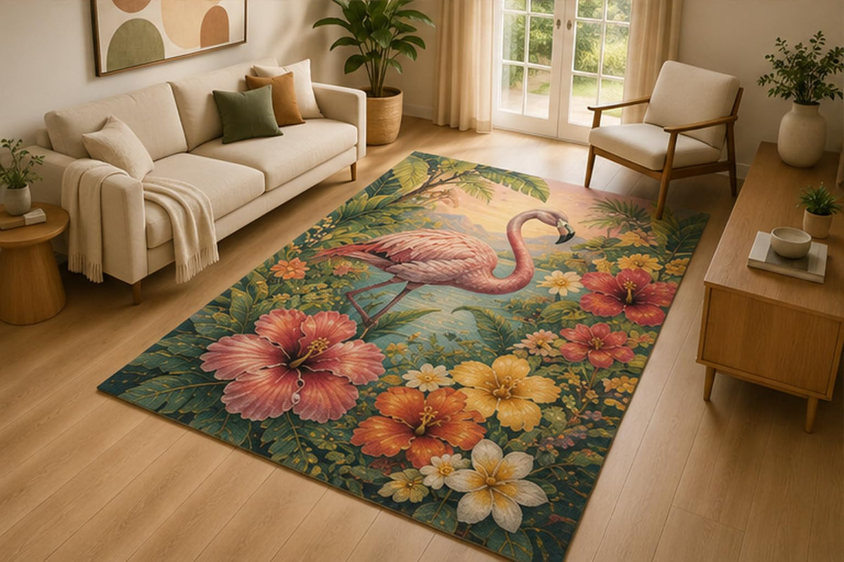 ICE ARMOR 5' x 7' Flamingo Tropical Hibiscus Area Rug for Living Room, Soft Low Pile Indoor Rug with Non-Slip Silicone Backing, Botanical Decor for Bedroom, Office, Family Room, Pink Green