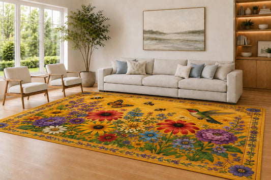 ICE ARMOR Large 6'7" x 9'10" Yellow and Multi Color Sunny Bloom Accent Area Rug for Living Room, Soft Low Pile Carpet with Non-Slip Silicone Backing, Decor for Bedroom and Home Office