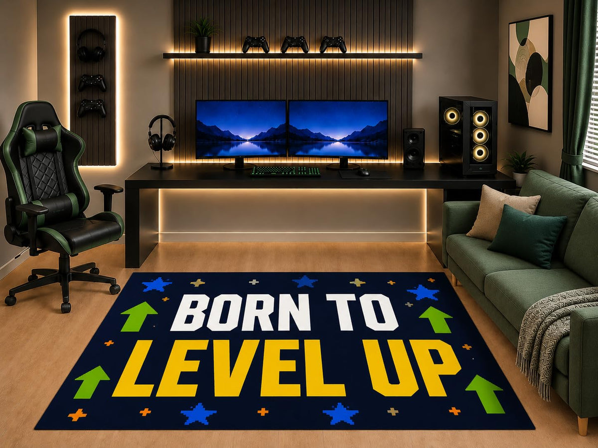 ICE ARMOR "Ultra Light Weight 5' x 7' Gamer Area Rug Born to Level Up Typography Pixel Arcade Art for Boys Bedroom Gaming Room Playroom Non-Slip Silicone Backing Low Pile