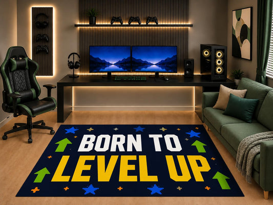 ICE ARMOR "Ultra Light Weight 5' x 7' Gamer Area Rug Born to Level Up Typography Pixel Arcade Art for Boys Bedroom Gaming Room Playroom Non-Slip Silicone Backing Low Pile