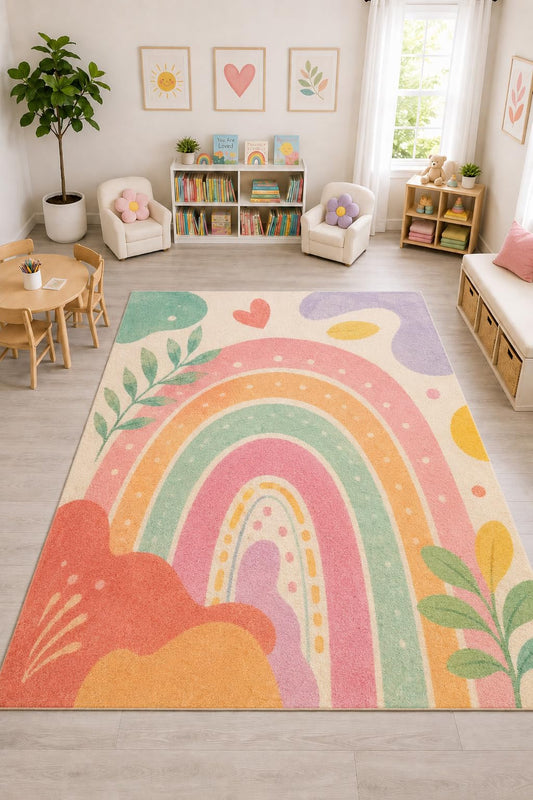 ICE ARMOR "Ultra Light Weight Large 6'7" x 9'10" Boho Rainbow Botanical Rug, Soft Low Pile Indoor Rug, Non-Slip Silicone Backing for Kids Room Pink