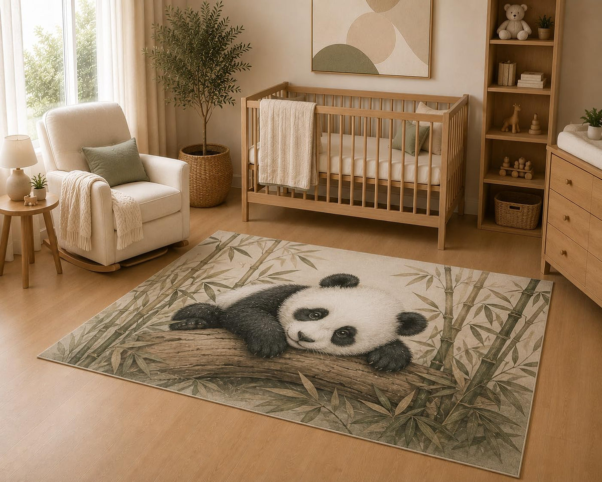 ICE ARMOR 5' x 7' Cute Panda Bamboo Area Rug, Soft Low Pile Indoor Rug with Non-Slip Silicone Backing, Woodland Animal Carpet for Nursery, Kids Room, Playroom, Bedroom, Kids and Pets, Beige Gray
