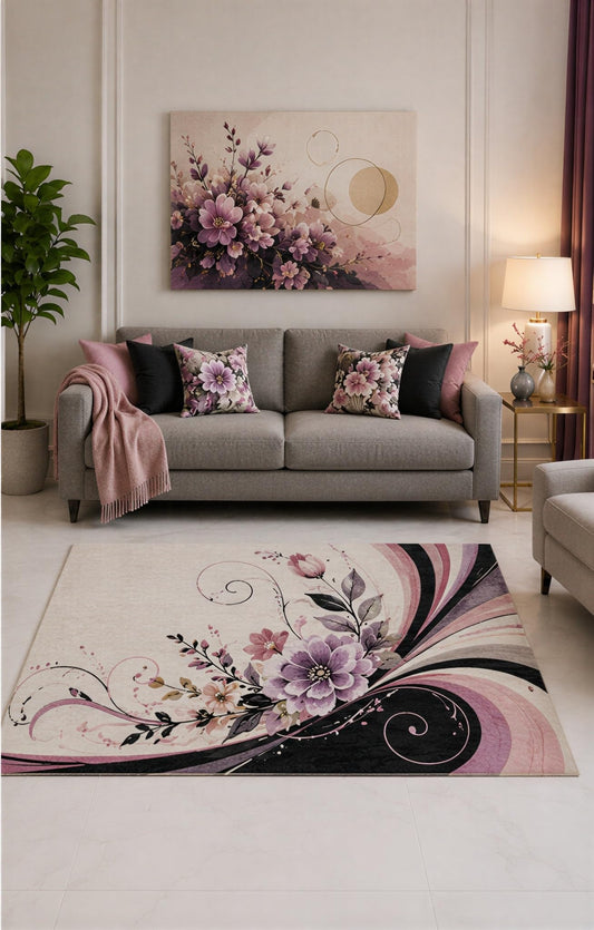 ICE ARMOR "Ultra Lightweight 5' x 7' Mauve and Black Blossom Swirl Area Rug for Living Room, Bedroom and Home Office, Soft Low Pile Carpet with Non-Slip Silicone Backing