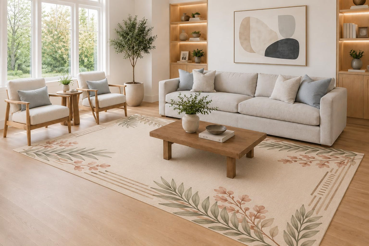 ICE Armor Large 6'7" x 9'10" Sage Green and Beige Botanical Branch Frame Area Rug for Living Room, Soft Low Pile Carpet with Non-Slip Silicone Backing, Decor for Bedroom, Dining Area and Home Office