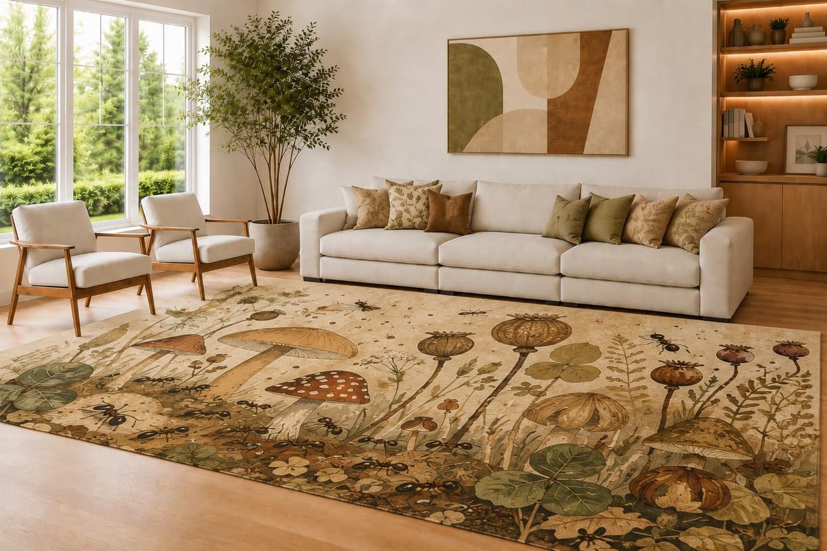 ICE ARMOR Large 6'7" x 9'10" Beige and Brown Botanical Pods Accent Area Rug for Living Room, Soft Low Pile Carpet with Non-Slip Silicone Backing, Decor for Bedroom and Home Office